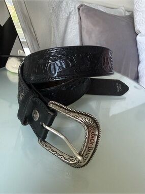 Jack Daniels Black Leather Embossed Men's Belt with Decorative Silver Buckle